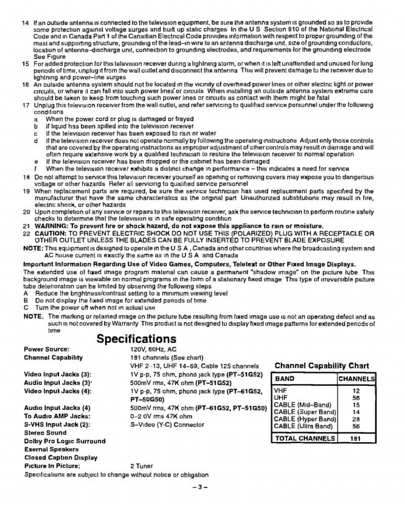 Panasonic PT51G50 PT51G52 PT61G52 TV Operating Manual