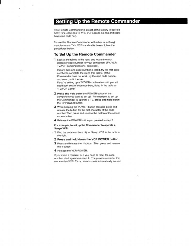 Sony RMV10A & CodesOM Universal Remote Control Operating Manual