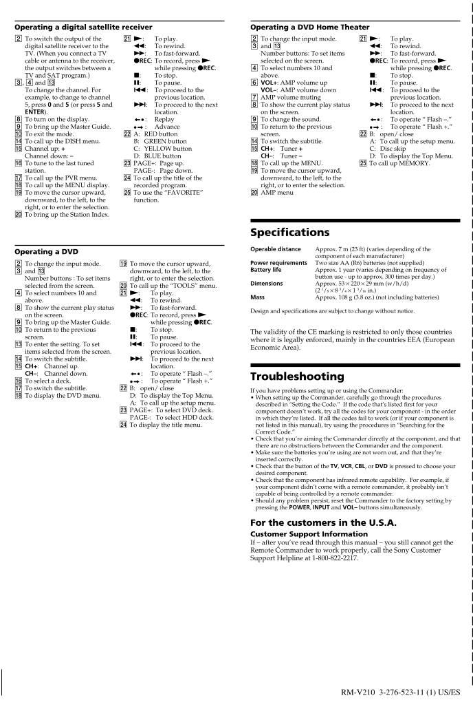 Sony RMV210 & CodesOM Universal Remote Control Operating Manual