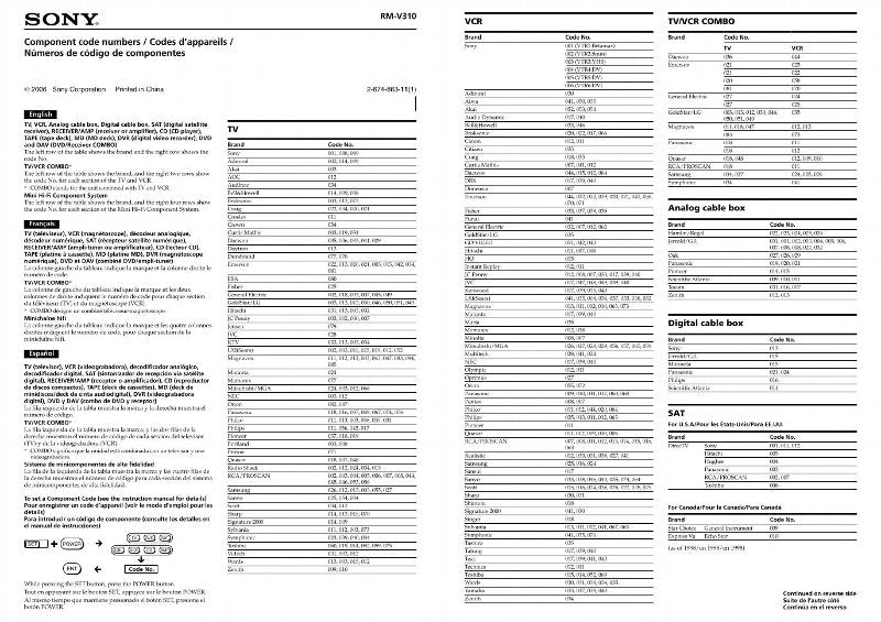 Sony RMV310 & CODESOM Universal Remote Control Operating Manual