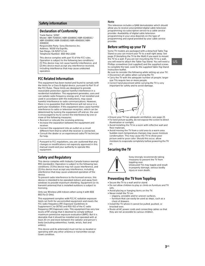 Sony XBR- 43X830C XBR-55X890C XBR-65X890C TV Operating Manual