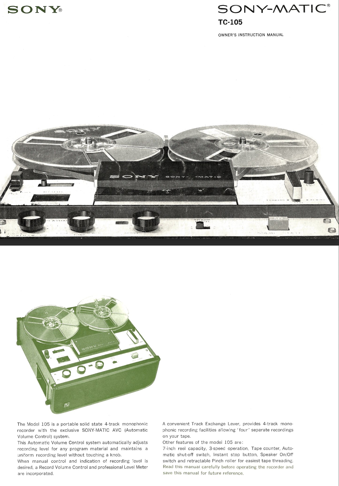 Sony TC-105 Reel to Reel Tape Recorder Owner & Service Manual (Pages: 46)