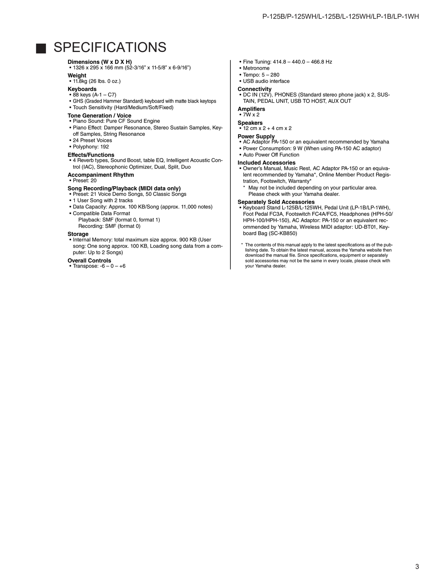 Yamaha P-125, P-125B & P-125WH Digital Piano Service Manual (Pages: 70)