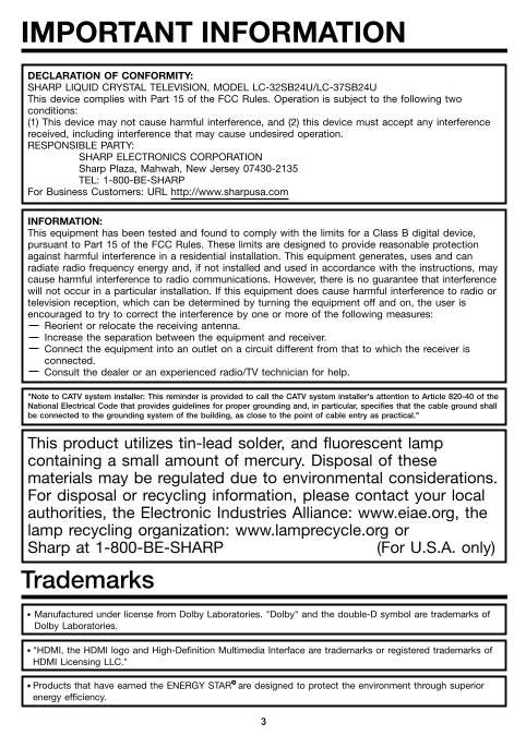 Sharp LC37SB24U TV Operating Manual