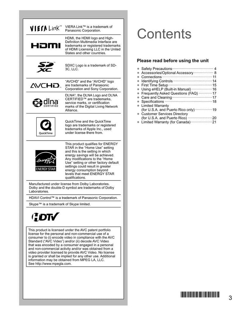Panasonic TC47LE54 TC55LE54 TV Operating Manual