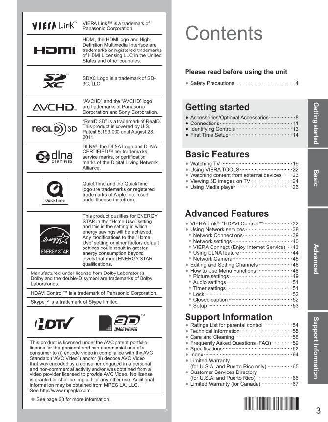 Panasonic TCP65ST30 TV Operating Manual