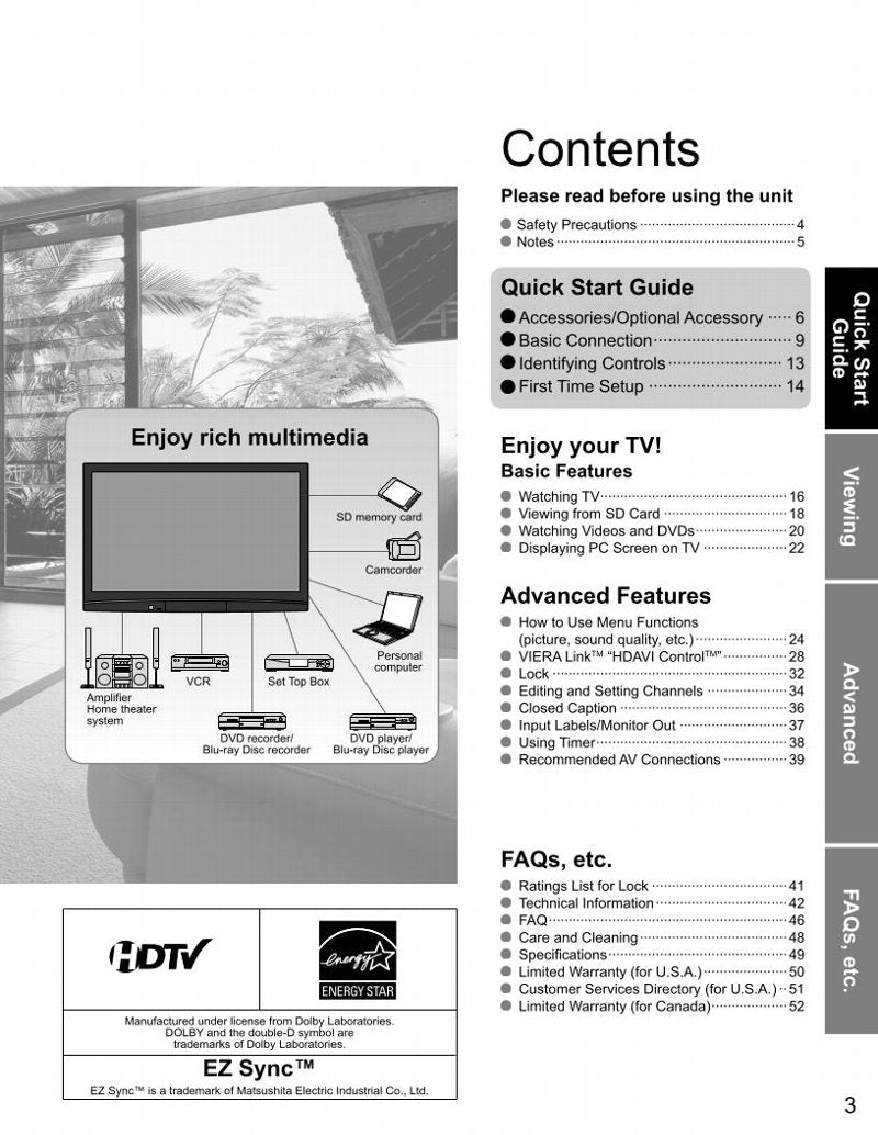 Panasonic THC50FD18OM TV Operating Manual