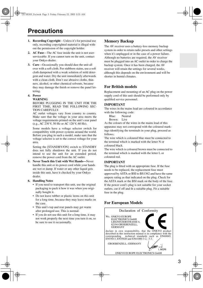 Onkyo TXSR503 Audio/Video Receiver Operating Manual