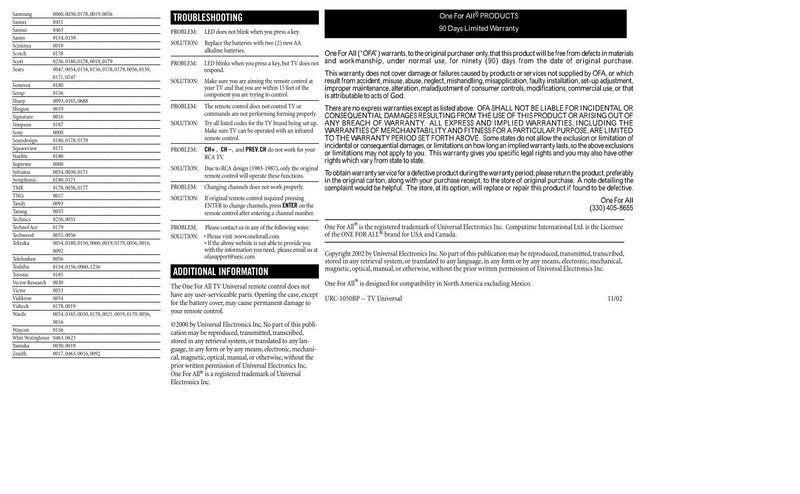 One For All URC1050 & Codes Universal Remote Control Operating Manual