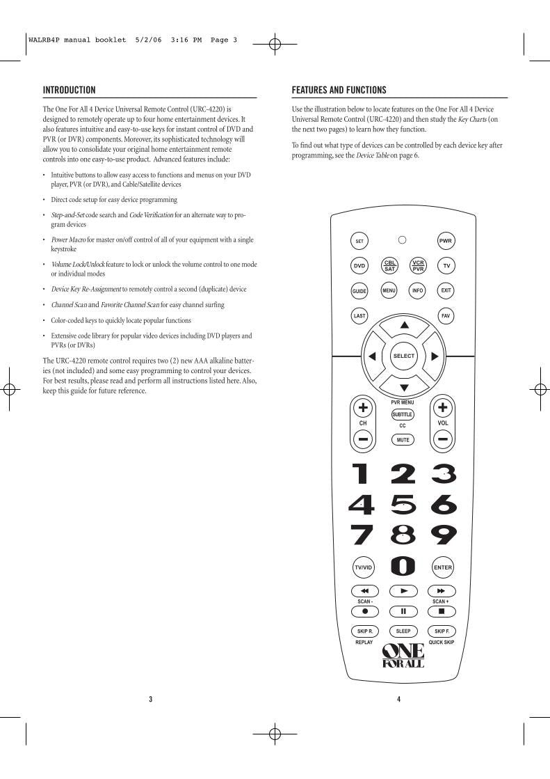One For All URC4220OM Universal Remote Control Operating Manual