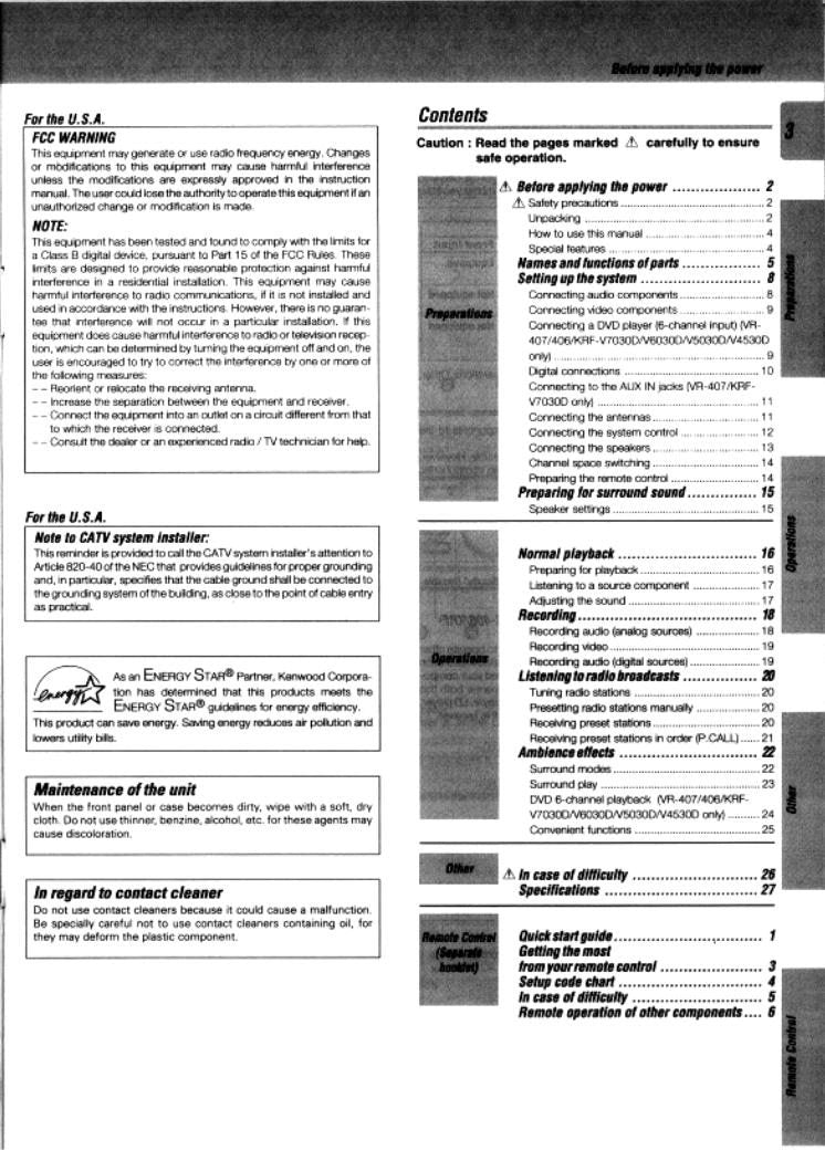 Kenwood HTB203 KRFV4530 D KRFV5030 Audio/Video Receiver Operating Manual