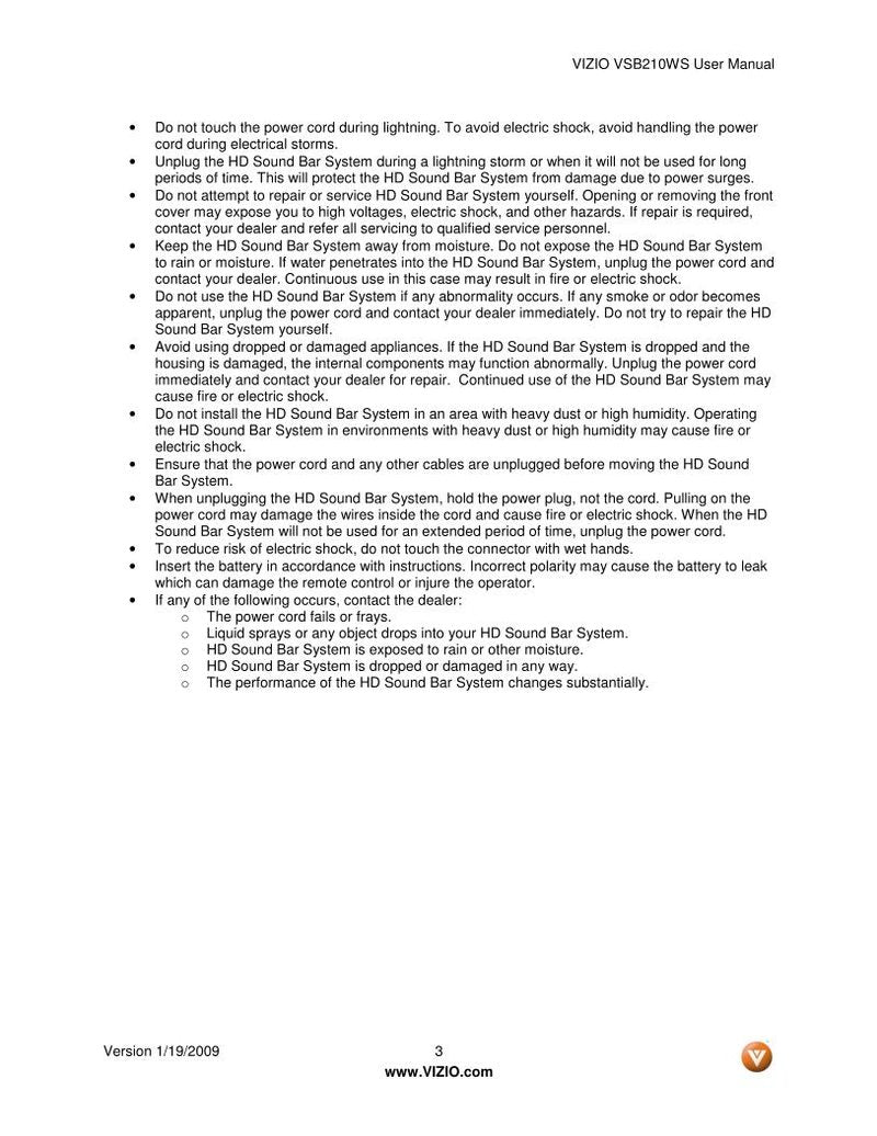 Vizio VSB210WS Sound Bar System Operating Manual