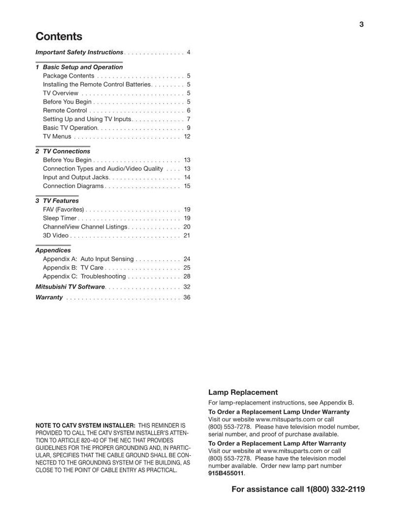 Mitsubishi WD73640 WD73 C 11 CA 1 TV Operating Manual