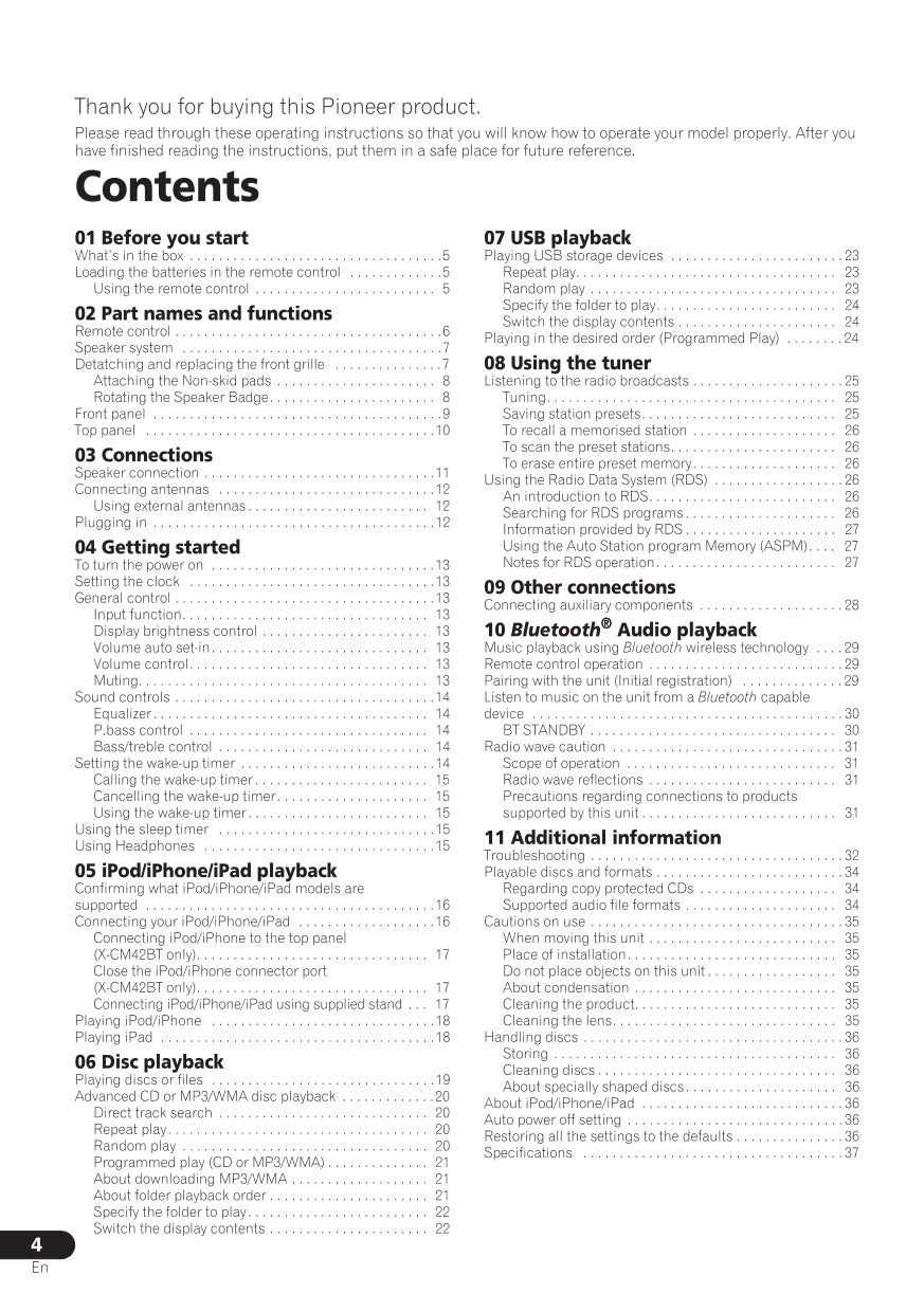 Pioneer X-CM32 BT & X-CM42 CD Player Receiver Owner/ User Manual (Pages: 37)