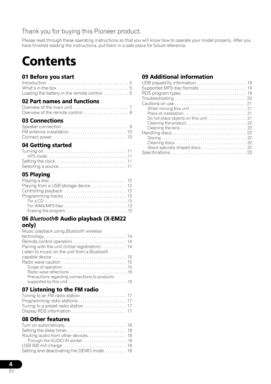 Pioneer X-EM12 X-EM22 CD Player Receiver Owner/ User Manual (Pages: 26)