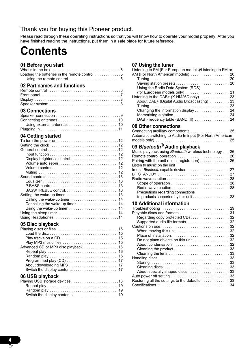 Pioneer X-HM16, X-HM26 & D CD Player Receiver Owner/ User Manual (Pages: 35)