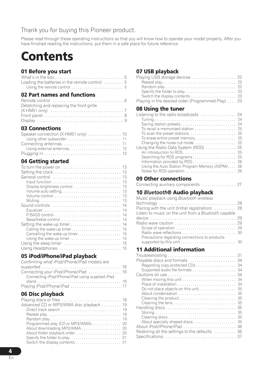 Pioneer X-HM51 & XC-HM51 CD Player Receiver Owner/ User Manual (Pages: 39)