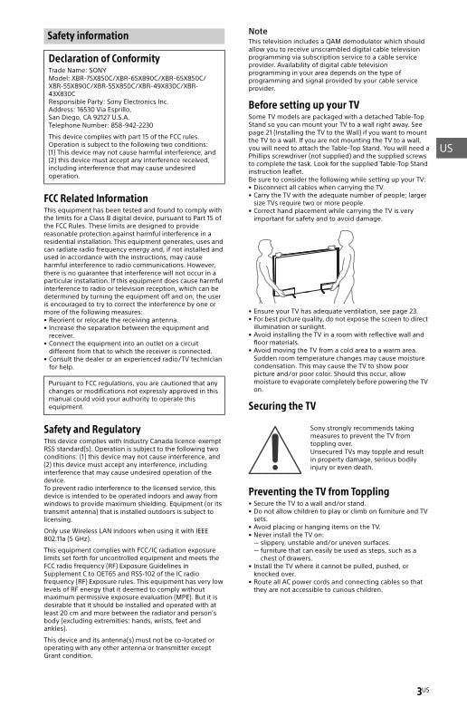 Sony XBR65X850B TV Operating Manual