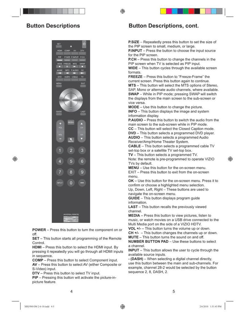 Vizio XRU9M Manual and Codes TV Operating Manual