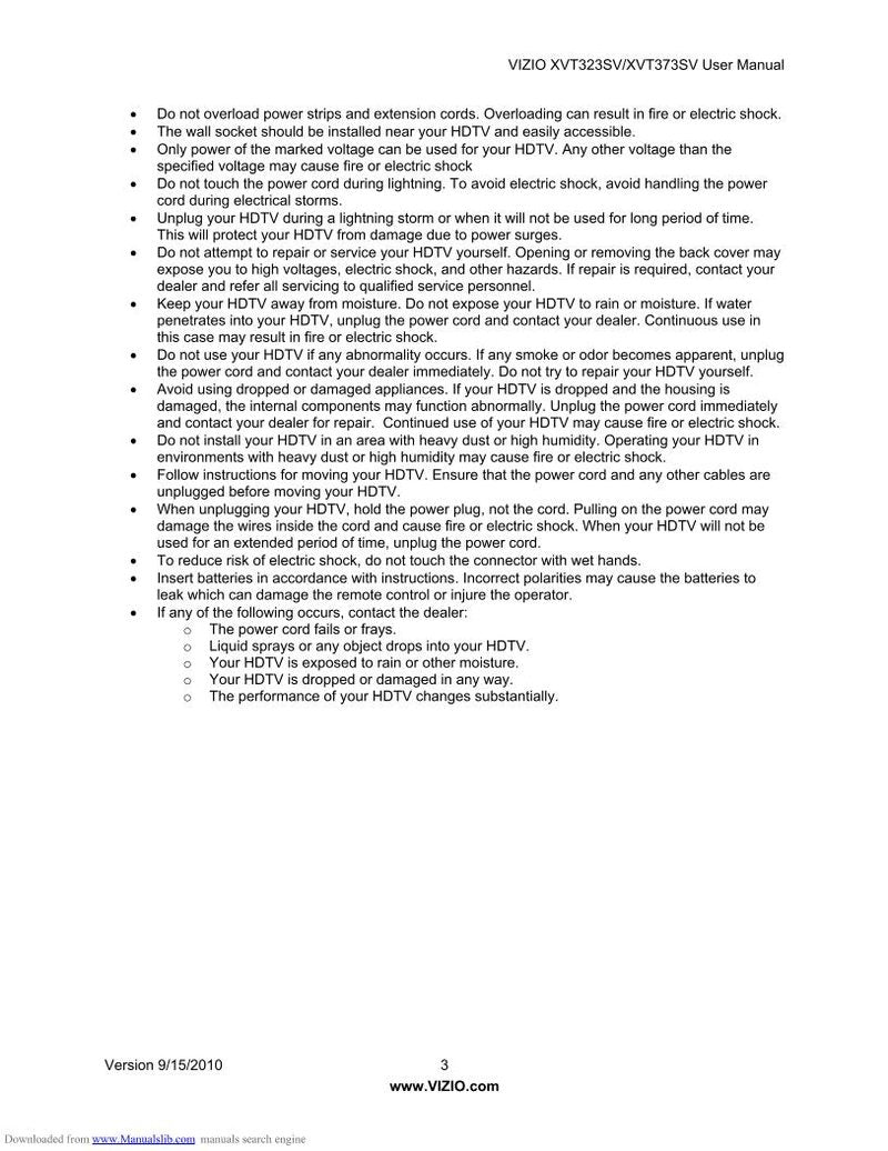 Vizio XVT373SV TV Operating Manual