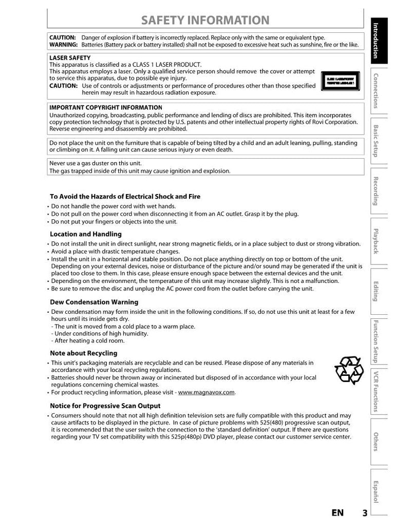 Magnavox ZV427 MG 9A DVD/VCR Combo Player Operating Manual