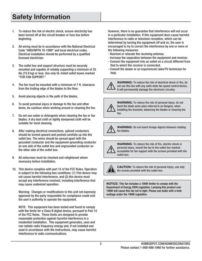 Hampton Bay 14925 Mercer 52in Brushed Nickel Ceiling Fan OM Ceiling Fan Operating Manual