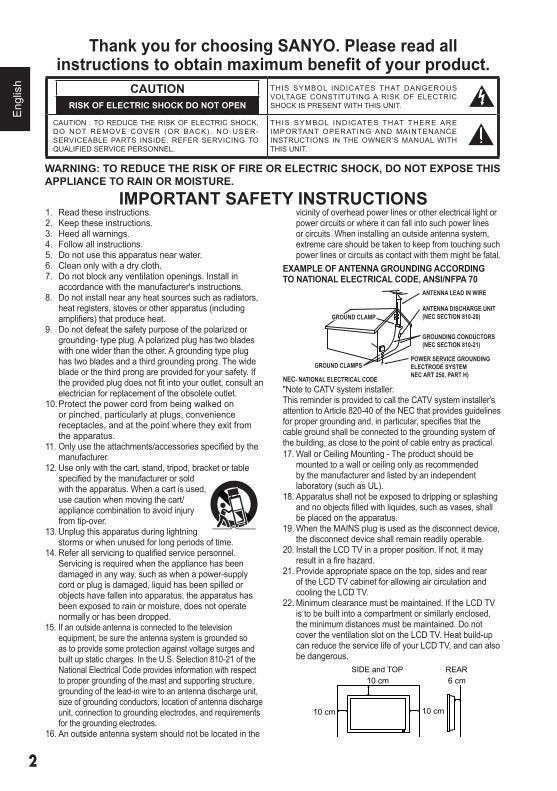 Sanyo DP55441 TV Operating Manual