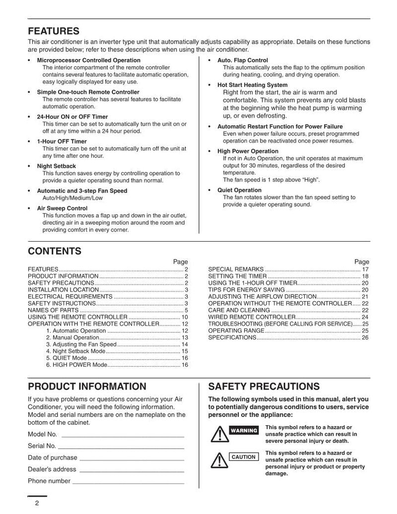 Panasonic CSMKE9 NKU Air Conditioner Unit Operating Manual