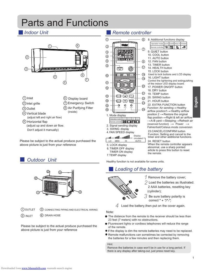 Haier HSU12 XCKG Air Conditioner Unit Operating Manual