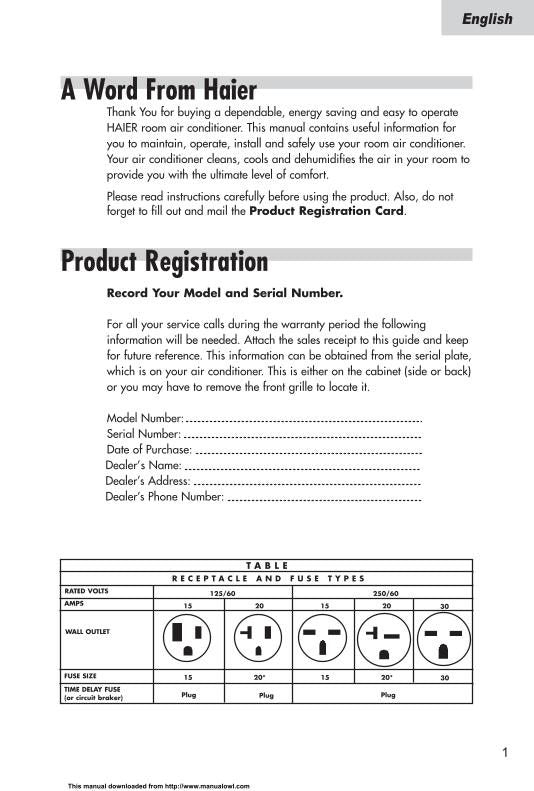 Haier HWR12 XCB Air Conditioner Unit Operating Manual