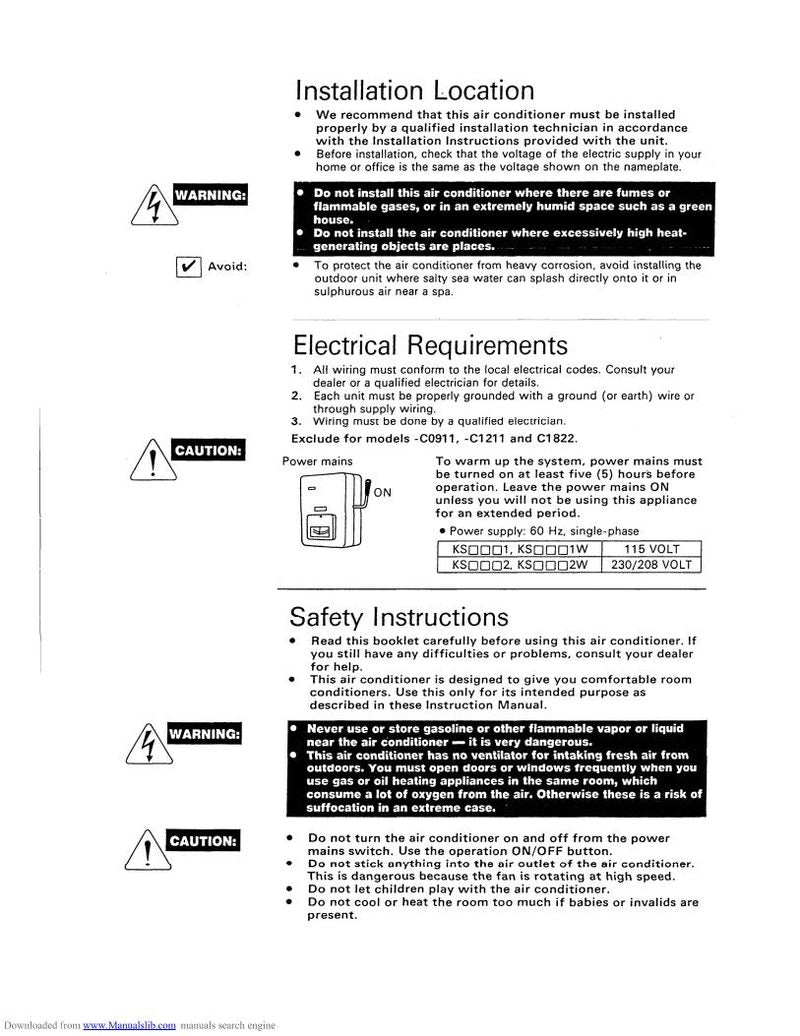 Sanyo KS0911 KS1211 W KS1822 Air Conditioner Unit Operating Manual