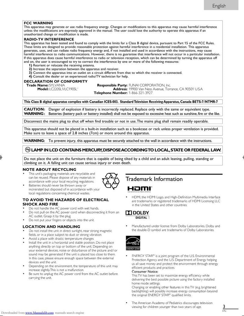 Sylvania Sylvania LC190SL1 TV Operating Manual