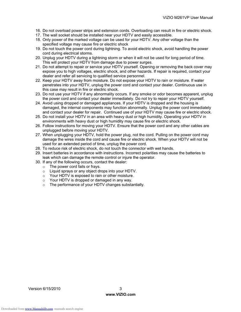 Vizio M261VP TV Operating Manual