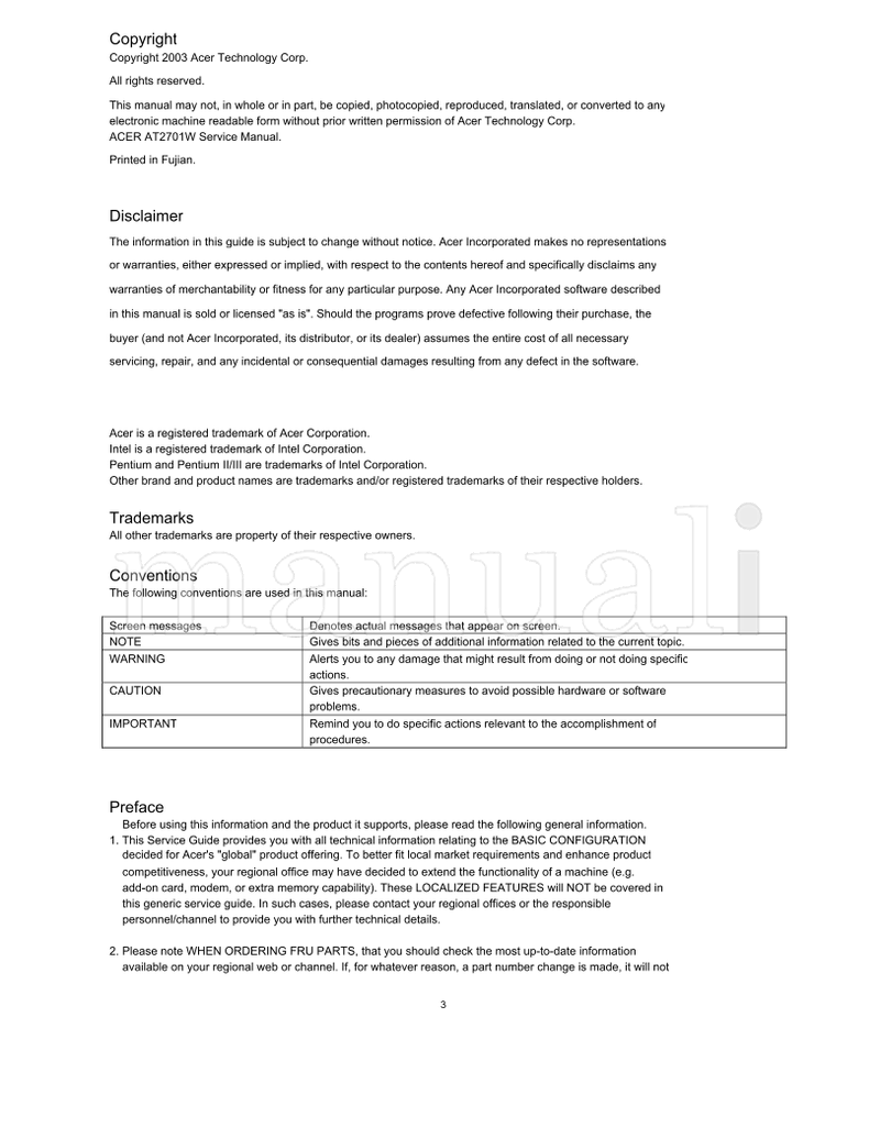 Acer AT2701W (63 pages) TV Service Manual