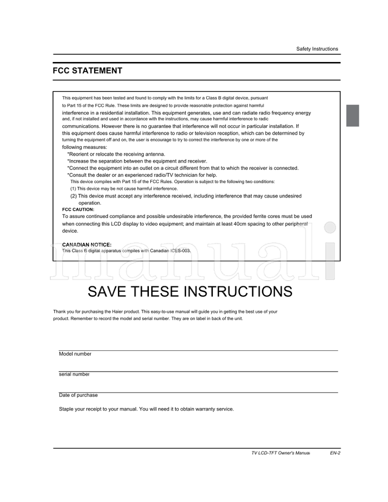 Haier 0090509529 HL42XP1 (25 pages) TV Operating Manual