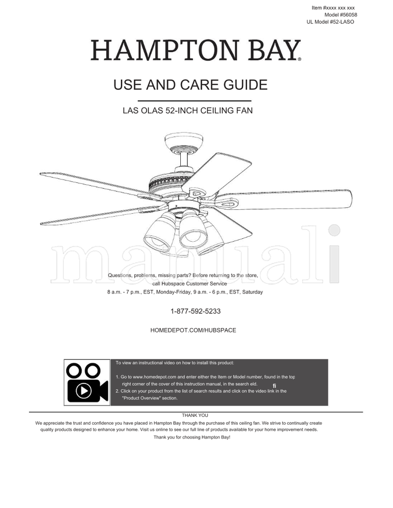 Hampton Bay 56058 52-LASO (18 pages) Ceiling Fan Operating Manual – Manuali