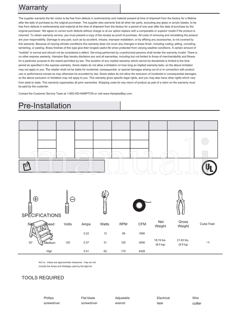 Hampton Bay 9100 91042 52-TV (30 pages) Ceiling Fan Operating Manual