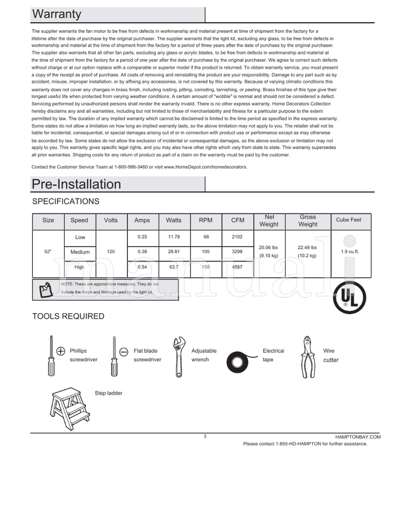 Hampton Bay 57333 EF200S(Q)-52(A) (28 pages) Ceiling Fan Operating Manual