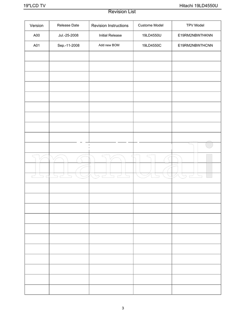 Hitachi 19LCD 19LD4550U 19LD4550C (130 pages) TV Service Manual