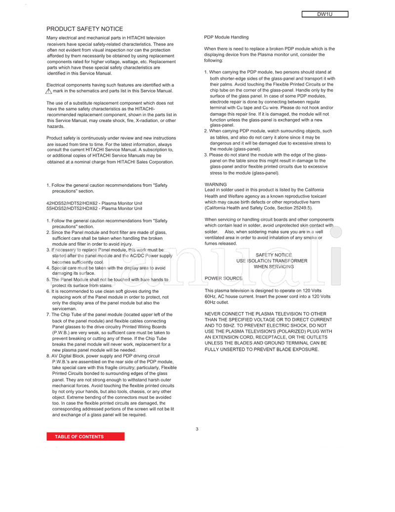 Hitachi 0208 42HDX62 DW1-U 42HDT52 42HDS52 (140 pages) TV Service Manual