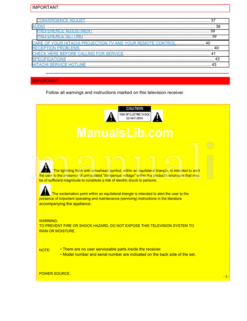 Hitachi 50EX14BV 55EX15K (44 pages) TV Operating Manual