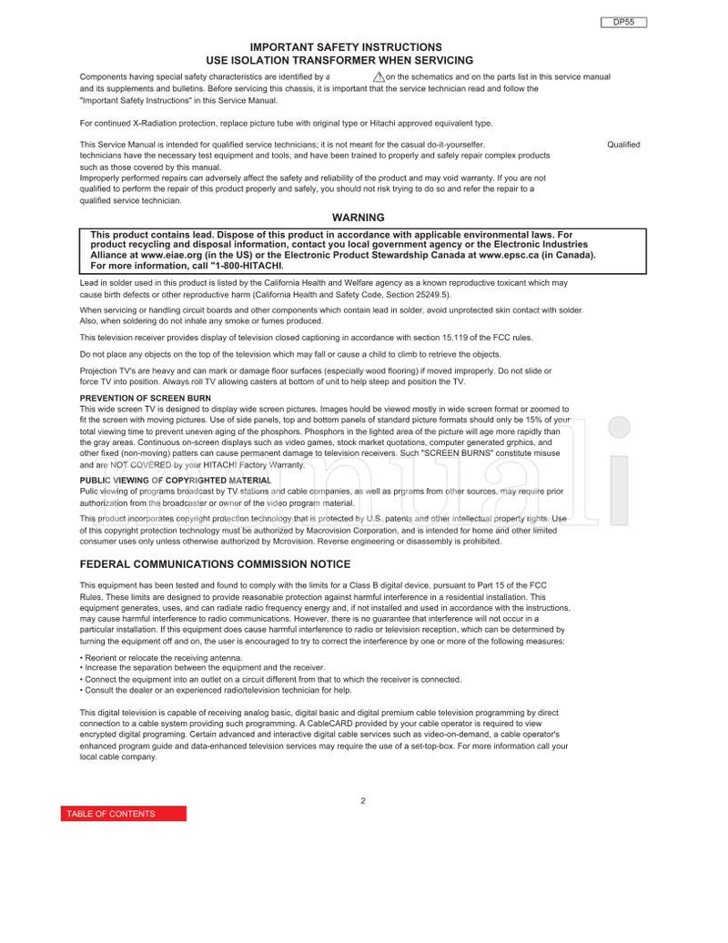 Hitachi 05 06 SM00001 51F710A DP55 57F710A 65F710A (187 pages) TV Service Manual