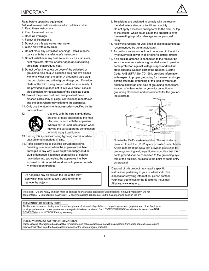 Hitachi 65SWX20B 57SWX20B 51SWX20B 65TWX20B 57TWX20B (72 pages) TV Operating Manual