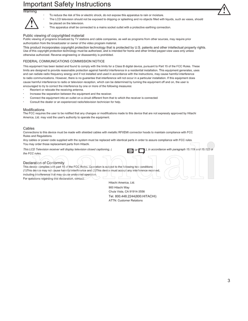 Hitachi LE42S704 LE46S704 (60 pages) TV Operating Manual