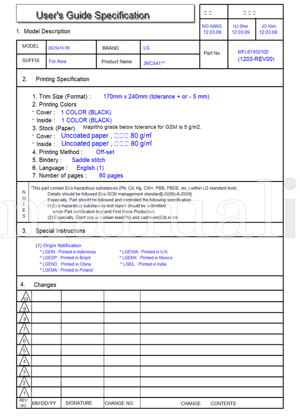 LG 26CS410-TB 170mm 240mm 26CS41** MFL67452102 (62 pages) TV Operating Manual