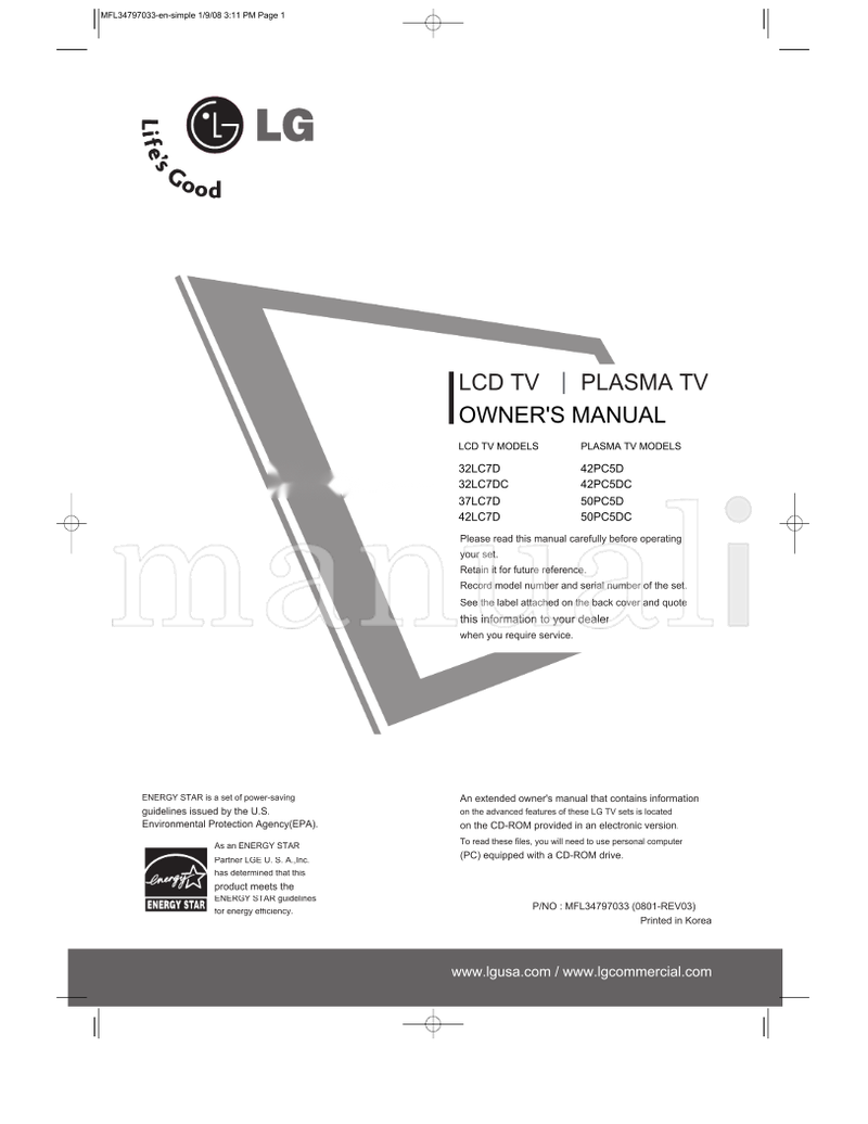 LG 42LC7D-UK 50PC5D-UL 185mm S8-05245 S7-97591 S7-95015 42LC7D (34 pages) TV Operating Manual