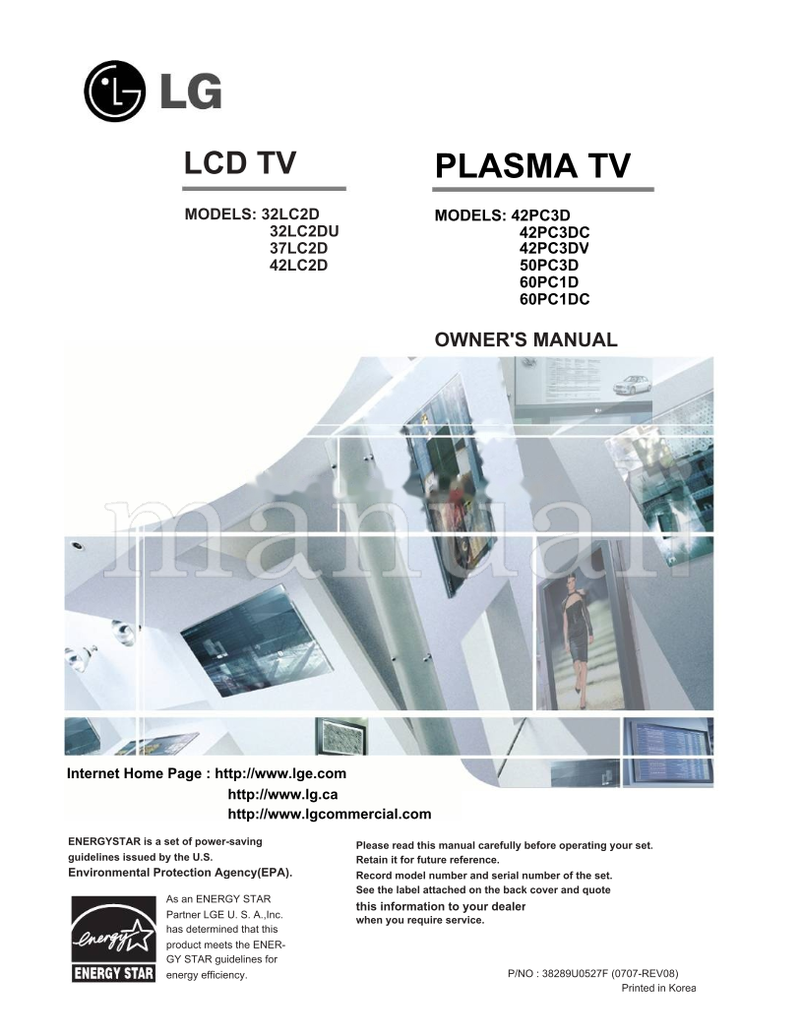 LG 60PC1D 185mm S7-90199 S7-69857 S6-64069 S6-62843 S6-58961 (70 pages) TV Operating Manual
