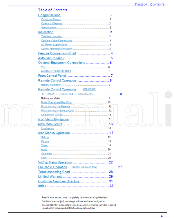 Panasonic CT-2017 CT-25G7 CT-25G7U CT-G2132 CT-G2132L CT-G2172 (72 pages) TV Operating Manual