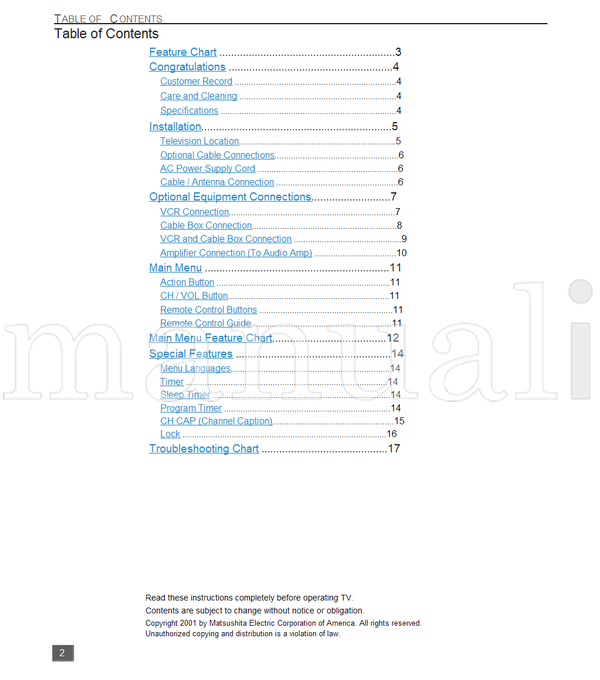 Panasonic 1-800-211-PANA CT-20SX11 CT-F2111 CT-F2111X CT-F2121L (38 pages) TV Operating Manual