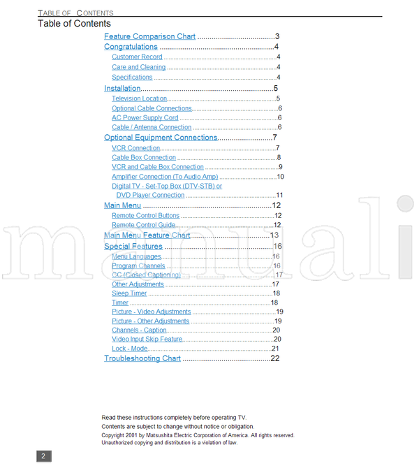 Panasonic CT-24SX11 CT-24SX11U 1-800-211-PANA CT-F2511 CT-F2511X (50 pages) TV Operating Manual